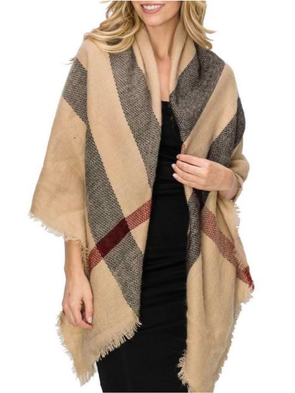 Fringed Plaid Open Front Wrap Jacket - Beige